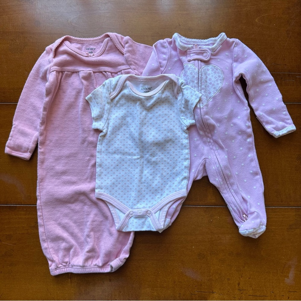 Carters & Little Me Pink&White NB| Gown,Sleeper&Onsie. Newborn Heart Bundle